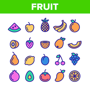 Collection Nature Fruit Elements Vector Icons Set Thin Line. Pineapple And Apple, Strawberry And Grape, Cherry And Lemon Delicious Fruit Concept Linear Pictograms. Monochrome Contour Illustrations