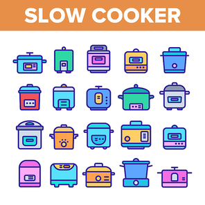 Slow Cooker Elements Collection Vector Icons Set Thin Line. Different Cooker Kitchenware Concept Linear Pictograms. Modern Cooking Food Equipment And Gadgets Monochrome Contour Illustrations