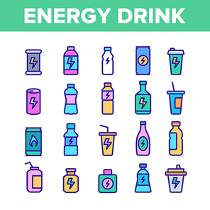 Energy Drink Collection Elements Vector Icons Set Thin Line. Energy Beverage In Plastic And Metallic Bottle, Glass And Aluminum Container Concept Linear Pictograms. Color Contour Illustrations