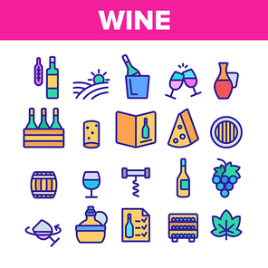 Wine Product Collection Elements Vector Icons Set Thin Line. Wine Bottle And Glasses, Barrel And Card, Cheese And Grape Concept Linear Pictograms. Vineyard Color Contour Illustrations