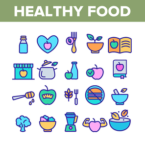 Healthy Food Nutrition Collection Icons Set Vector Thin Line. Honey, Broccoli And Apple Ingredients Health Breakfast Food Concept Linear Pictograms. Color Contour Illustrations