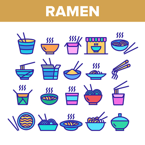 Ramen Spaghetti Food Collection Icons Set Vector Thin Line. Warm Ramen In Bowl And Carton Container With Sticks For Eating Nutrition Concept Linear Pictograms. Color Contour Illustrations