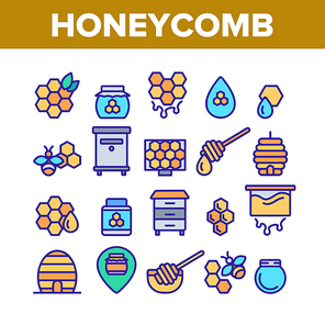 Honeycomb Collection Elements Icons Set Vector Thin Line. Bee Swarm, Beekeeper And Sweets, Nectar And Honeycomb Concept Linear Pictograms. Beekeeping Monochrome Contour Illustrations