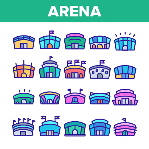 Color Arena Buildings Sign Icons Set Vector Thin Line. Different Exterior Architecture Of Arena Stadium Linear Pictograms. Complex For Championship Games Illustrations
