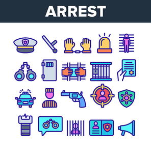 Color Arrest Elements Sign Icons Set Vector Thin Line. Police Car, Alarm Siren And Hat, Gun And Badge, Prison And Handcuffs Arrest Equipment Linear Pictograms. Illustrations