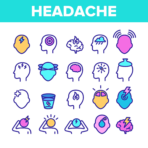 Color Headache Elements Icons Set Vector Thin Line. Migraine Brain, Tension And Cluster Headache Symptom Linear Pictograms. Head Medical Problem Illustrations