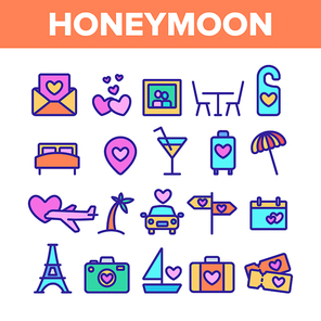 Color Honeymoon Elements Icons Set Vector Thin Line. Baggage And Photo Camera, Air Plane And Car, Tickets And Letter With Invitation Honeymoon Linear Pictograms. Illustrations