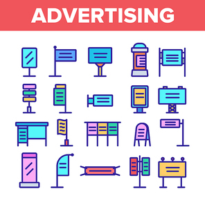 Color Outdoor Advertising Icons Set Vector Thin Line. Commercial Business Advertising Information On Banner And Bus Stop, Poster And Billboard Linear Pictograms. Illustrations