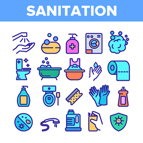 Color Sanitation Elements Icons Set Vector Thin Line. Washing Hand And Clean, Soap Protection And Bacteria Hygiene And Sanitation Linear Pictograms. Illustrations