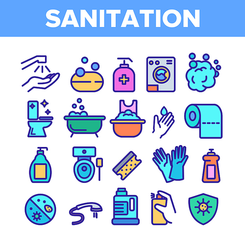 Color Sanitation Elements Icons Set Vector Thin Line. Washing Hand And Clean, Soap Protection And Bacteria Hygiene And Sanitation Linear Pictograms. Illustrations