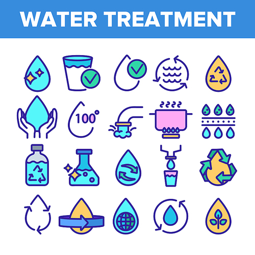 Color Water Treatment Signs Icons Set Vector Thin Line. Water Healthy Drop With Mark Of Purity And Recycle, World And Plant Linear Pictograms. Illustrations