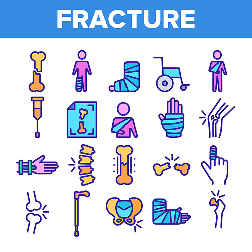 Color Fracture Elements Vector Sign Icons Set Thin Line. Gypsum Foot And Hand Arm Crutch, Bones Fracture Linear Pictograms. Medicine Details And Character Contour Illustrations