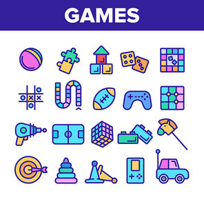 Color Kids Games Vector Thin Line Icons Set. Video Games Controller And Rugby Football Ball, Ray Gun And Car Toy Linear Pictograms. Tetris And Darts Contour Illustrations