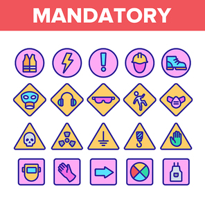 Color Mandatory Signs Marks Vector Icons Set Thin Line. Safety And Health Protection Inform Mandatory Signs Linear Pictograms. Warning Alert Symbols Contour Illustrations
