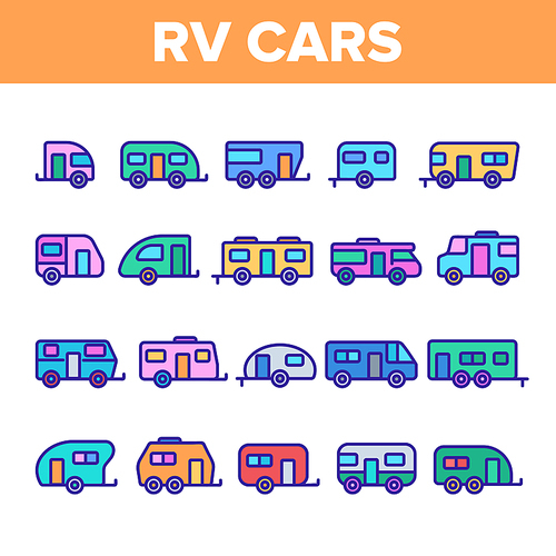 Color Rv Camper Cars Vehicle Icons Set Vector Thin Line. Different Types Rv Cars, Trailer, Automobile And Home On Wheels Linear Pictograms. Travel Camping Illustrations