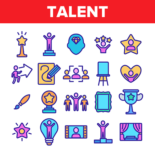 Color Different Human Talent Icons Set Vector Thin Line. Man Silhouette On Tribune And In Lamp Bulb, With Stars And Arrow, Pencil Draw Picture Linear Pictograms. Illustrations