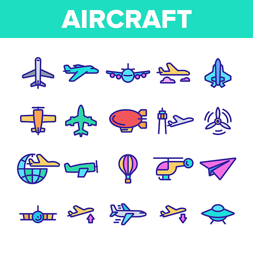 Collection Aircraft Elements Vector Icons Set Thin Line. Aircraft Commercial Air Transportation And Shipping Concept Linear Pictograms. Airplane And Helicopter Monochrome Contour Illustrations