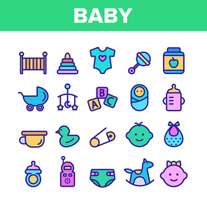 Collection Baby Toys And Elements Vector Icons Set Thin Line. Character Male And Female Baby Infant, Pacifier And Carriage Concept Linear Pictograms. Monochrome Contour Illustrations