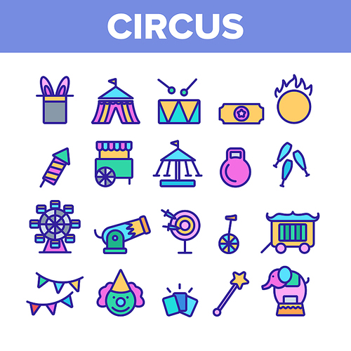 Collection Circus Show Elements Vector Icons Set Thin Line. Character Clown And Circus Equipments, Attraction And Elephant Concept Linear Pictograms. Monochrome Contour Illustrations