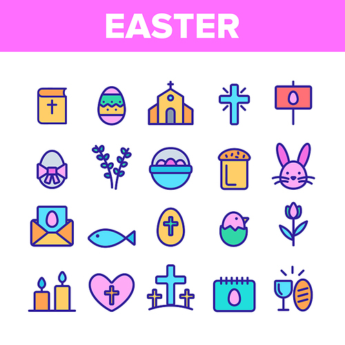 Collection Happy Easter Elements Vector Icons Set Thin Line. Egg And Bunny, Church And Tulip Celebrity Easter Details Concept Linear Pictograms. Religion Holiday Monochrome Contour Illustrations