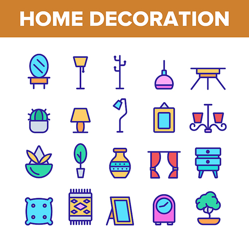 Collection Home Decoration Items Vector Icons Set Thin Line. Chandelier And Lamp Lighting Equipment House Decoration Concept Linear Pictograms. Furniture And Mirror Monochrome Contour Illustrations