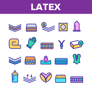 Collection Latex Material Items Vector Icons Set Thin Line. Matress And Washable Cover, Breathable And Memory Foam, Bedding And Pad Concept Linear Pictograms. Monochrome Contour Illustrations
