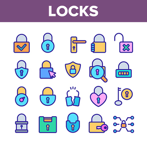 Collection Type Locks Elements Vector Icons Set Thin Line. Different Shape, Open And Closed Locks Concept Linear Pictograms. Key And Padlock In Heart Form Monochrome Contour Illustrations