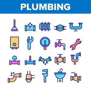 Collection Plumbing Fixtures Vector Icons Set Thin Line. Faucet And Mixer, Valve And Sink, Pipe Tube And Tools Plumbing Fixtures Concept Linear Pictograms. Monochrome Contour Illustrations