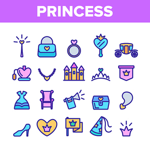 Collection Princess Elements Vector Icons Set Thin Line. Magic Castle And Princess Crown, Coach And Perfume Bottle, Ring And Mirror Concept Linear Pictograms. Monochrome Contour Illustrations