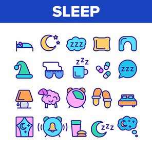 Collection Sleep Time Elements Vector Icons Set Thin Line. Bed And Lamp, Slippers And Clock With Alarm Signal, Drink Cup And Pills Concept Linear Pictograms. Monochrome Contour Illustrations