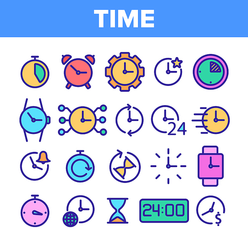 Different Time Clock Collection Vector Icons Set Thin Line. Hourglass And Watch, Alarm-clock And Electronic Digital Clock Concept Linear Pictograms. Monochrome Contour Illustrations