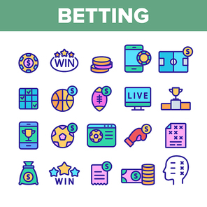 Betting Football Game Collection Vector Icons Set Thin Line. Casino Chip And Coin, Smartphone and Tv Monitor, Basketball And Box Betting Concept Linear Pictograms. Color Contour Illustrations