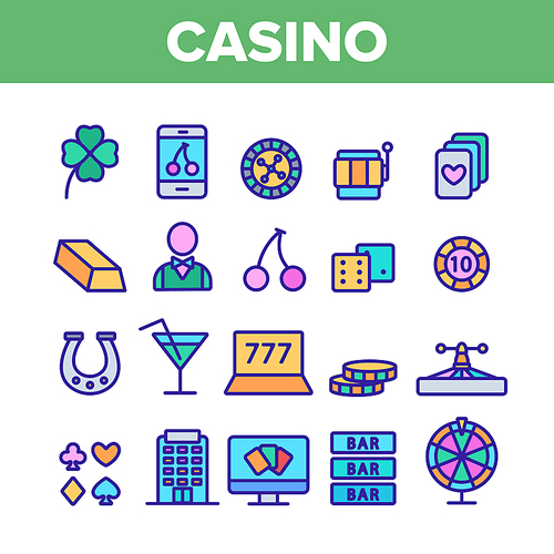 Casino Collection Play Elements Vector Icons Set Thin Line. Casino Chip And Cards, Smartphone and Laptop, Roulette And Dealer Concept Linear Pictograms. Color Contour Illustrations