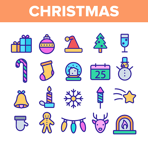 Christmas Collection Elements Vector Icons Set Thin Line. Christmas Presents And Toys, Pine Tree And Snowman, Fireworks And Deer Silhouette Concept Linear Pictograms. Color Contour Illustrations