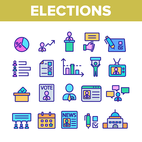 Elections Collection Elements Vector Icons Set Thin Line. Candidate And President, Newspaper And Tablet, Building And Elections Graph Concept Linear Pictograms. Color Contour Illustrations