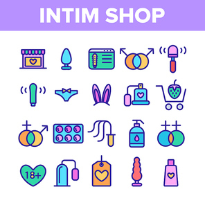 Intim Shop Collection Elements Vector Icons Set Thin Line. Contraception And Different Intim Devices, Bunny Ears And Sexy Panties Concept Linear Pictograms. Color Contour Illustrations