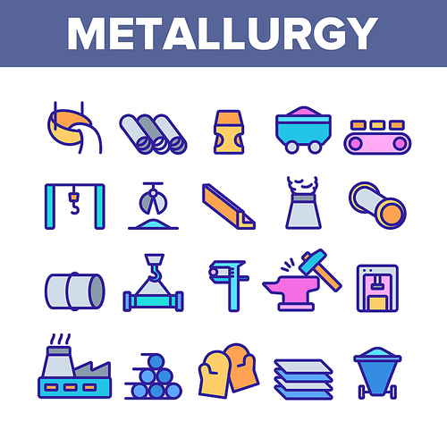Metallurgy Collection Elements Vector Icons Set Thin Line. Steel And Metal Tube Metallurgy Production Concept Linear Pictograms. Metallurgical Industry Color Contour Illustrations