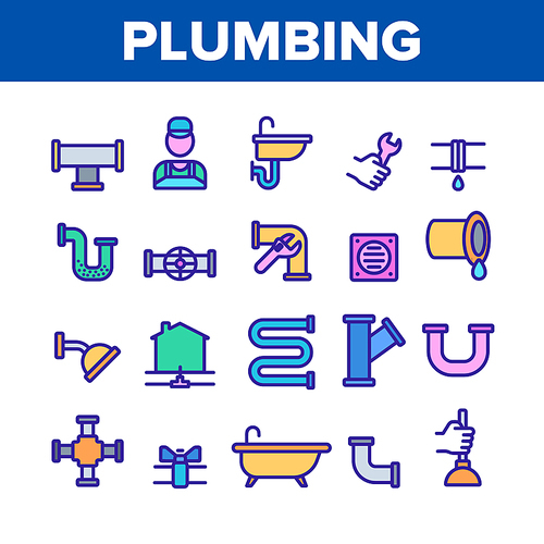 Plumbing Collection Elements Vector Icons Set Thin Line. Bathroom Plumbing Accessories And Equipment Concept Linear Pictograms. Leaking Tube And Plumber Color Contour Illustrations