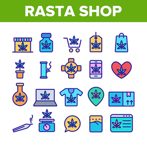 Rasta Shop Collection Elements Vector Icons Set Thin Line. Rasta Marijuana Cannabis Leaf Bottle Container And Mobile Screen, Bag And Shirt Concept Linear Pictograms. Color Contour Illustrations