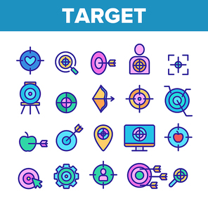 Target Aim Collection Elements Vector Icons Set Thin Line. Different Game Military Shape Target, Dartboard With Arrow And Archery Concept Linear Pictograms. Color Contour Illustrations