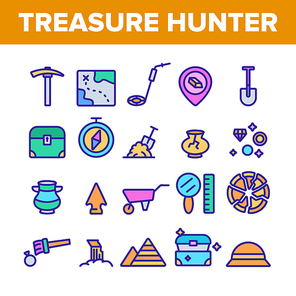 Treasure Hunter Collection Tool Vector Icons Set Thin Line. Map With Direction To Treasure, Compass And Miner Work Equipment Concept Linear Pictograms. Color Contour Illustrations