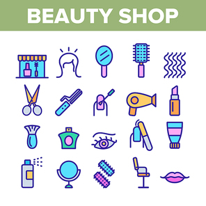 Beauty Shop Collection Elements Icons Set Vector Thin Line. Fan And Mirror, Perfume And Nail Polish, Chair And Scissors Equipment For Beauty Concept Linear Pictograms. Color Contour Illustrations