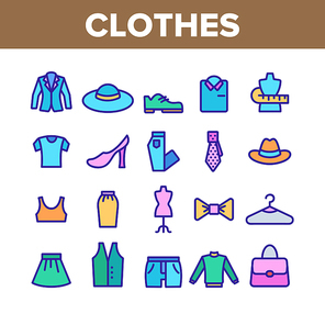 Fashion And Clothes Collection Icons Set Vector Thin Line. Shoes, Hat, Clothing Varieties And Accessories Clothes Assortment Concept Linear Pictograms. Color Contour Illustrations