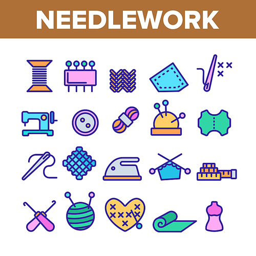 Needlework Collection Elements Icons Set Vector Thin Line. Pin And Button, Needle And Spool, Meter And Dummy Needlework Tools And Details Concept Linear Pictograms. Color Contour Illustrations