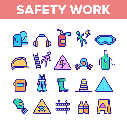 Safety Work Collection Elements Icons Set Vector Thin Line. Goggles And Earphones, Respirator And Clothes Equipment Tools For Safe Work Concept Linear Pictograms. Color Contour Illustrations