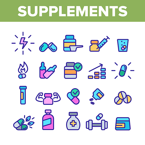 Supplements Collection Elements Icons Set Vector Thin Line. Sportsman Plastic Container With Protein, Vitamin, Full Stack Bio Supplements Concept Linear Pictograms. Color Contour Illustrations