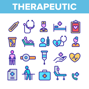 Therapeutic Collection Elements Icons Set Vector Thin Line. Sanitary Case And Nurse, Doctor And Patient, Tablet And List Therapeutic Concept Linear Pictograms. Color Contour Illustrations