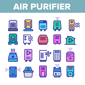 Air Purifier Devices Collection Icons Set Vector Thin Line. Electronic Appliance Air Purifier And Ionizer Concept Linear Pictograms. Ventilation Technology Color Contour Illustrations
