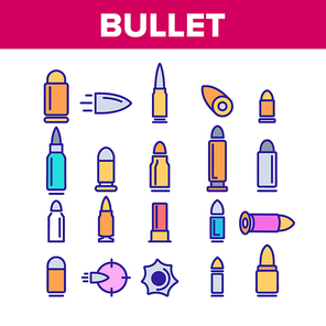 Bullet Ammunition Collection Icons Set Vector Thin Line. Different Caliber, Flying And Standing Military Bullet Concept Linear Pictograms. Army Ammo Color Contour Illustrations