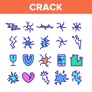Crack Things Collection Elements Icons Set Vector Thin Line. Crack Glass And Window, Shield And Smartphone Display Screen, House And Heart Concept Linear Pictograms. Color Contour Illustrations